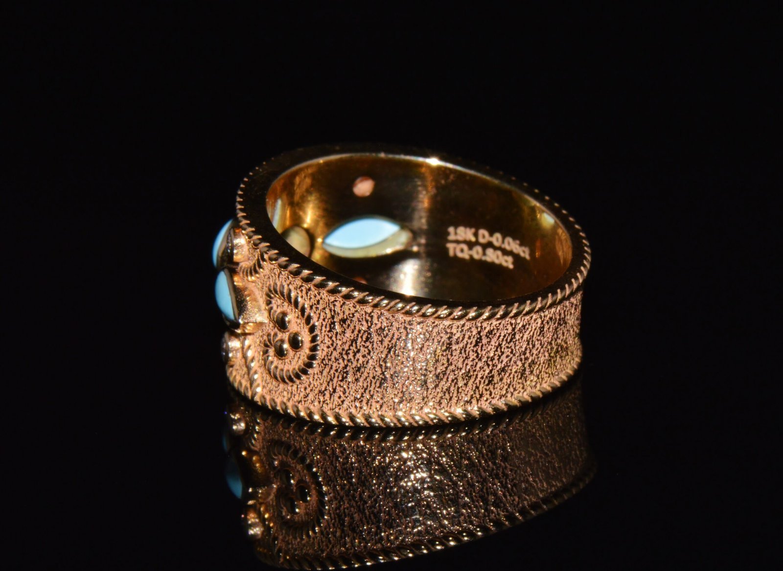 Gorgeous Natural Diamond Persian Turquoise 18K Solid Gold Byzantine Beaded Greek Ring Stacking Band