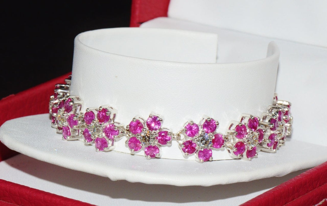 Certified Natural 18.6Ct VS F Diamond Ruby 18K Solid Gold Floral Tennis Bracelet