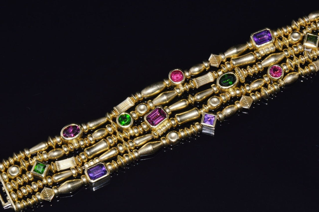 Designer Seidengang Natural Tourmaline Amethst Garnet 18K Solid Gold Multi-Strand Beaded Bracelet