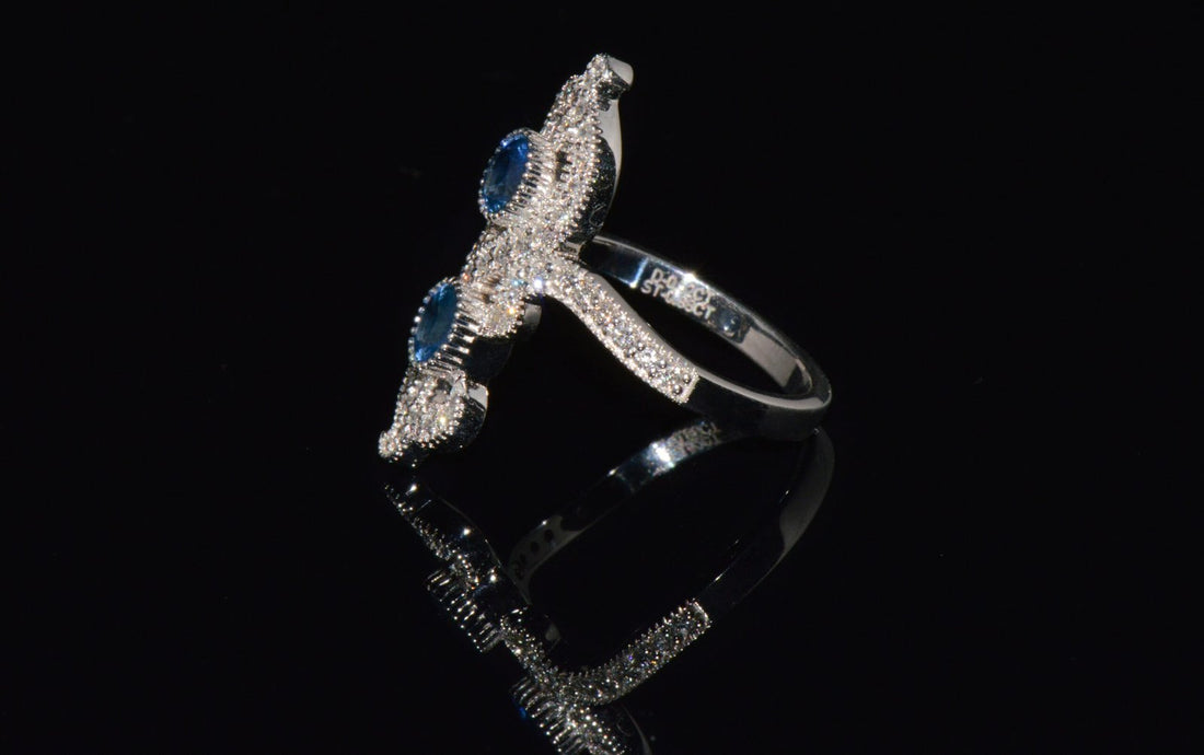 Certified Natural 1.40CTS Diamond & Sapphire 18K Solid White Gold Filigree Cocktail Ring