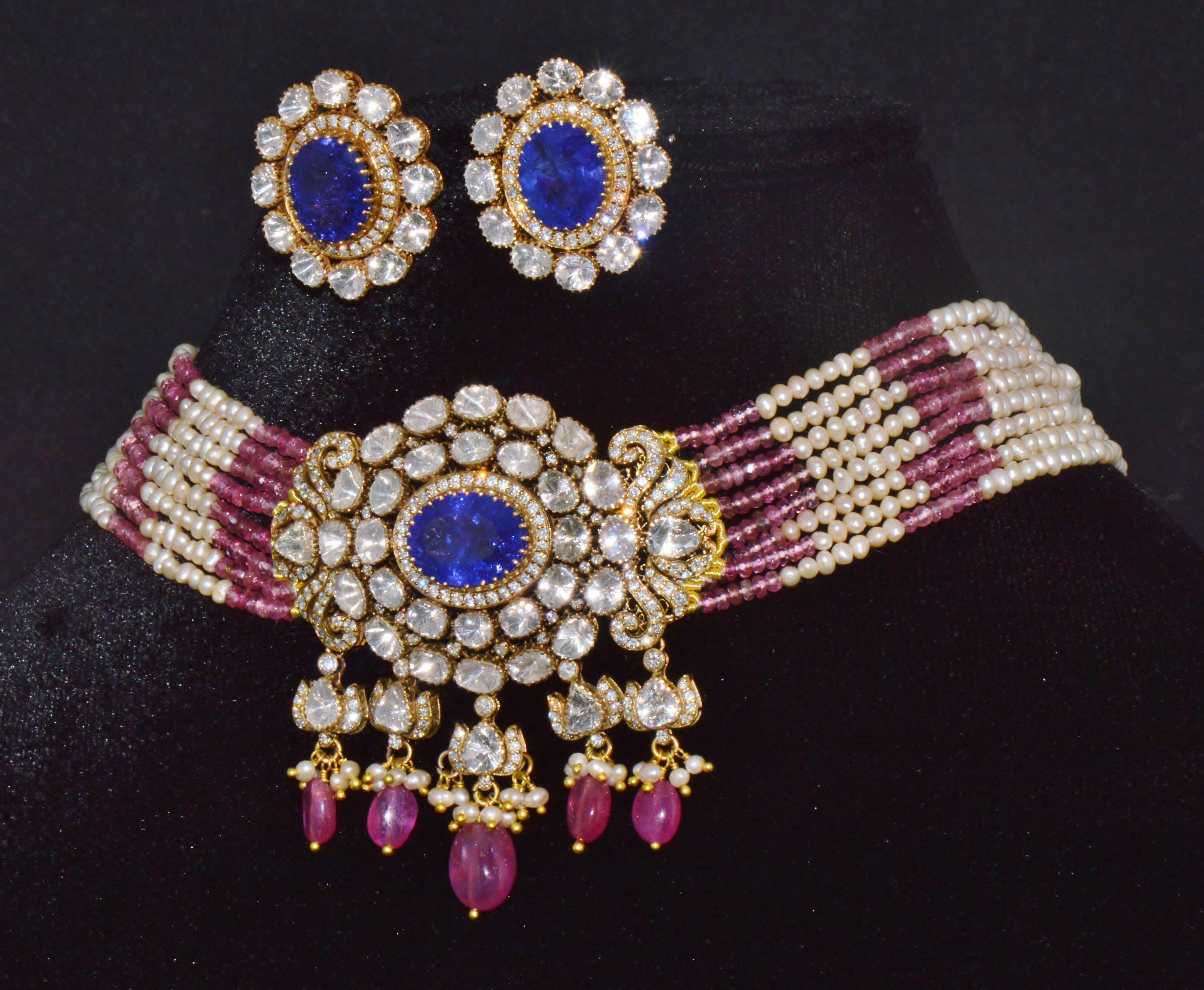 Natural 121.63Cts Tanzanite Uncut Diamond Pearl Ruby Tourmaline Solid 18K Gold Choker Necklace & Earrings Set