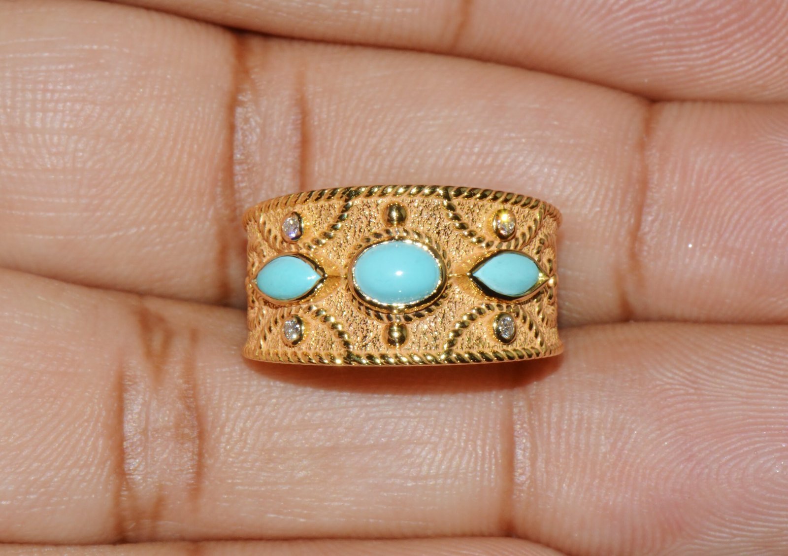 Gorgeous Natural Diamond Persian Turquoise 18K Solid Gold Byzantine Beaded Greek Ring Stacking Band