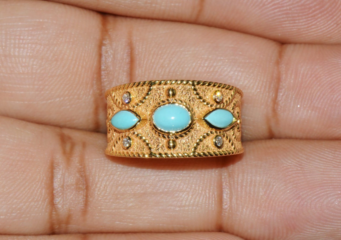 Gorgeous Natural Diamond Persian Turquoise 18K Solid Gold Byzantine Beaded Greek Ring Stacking Band