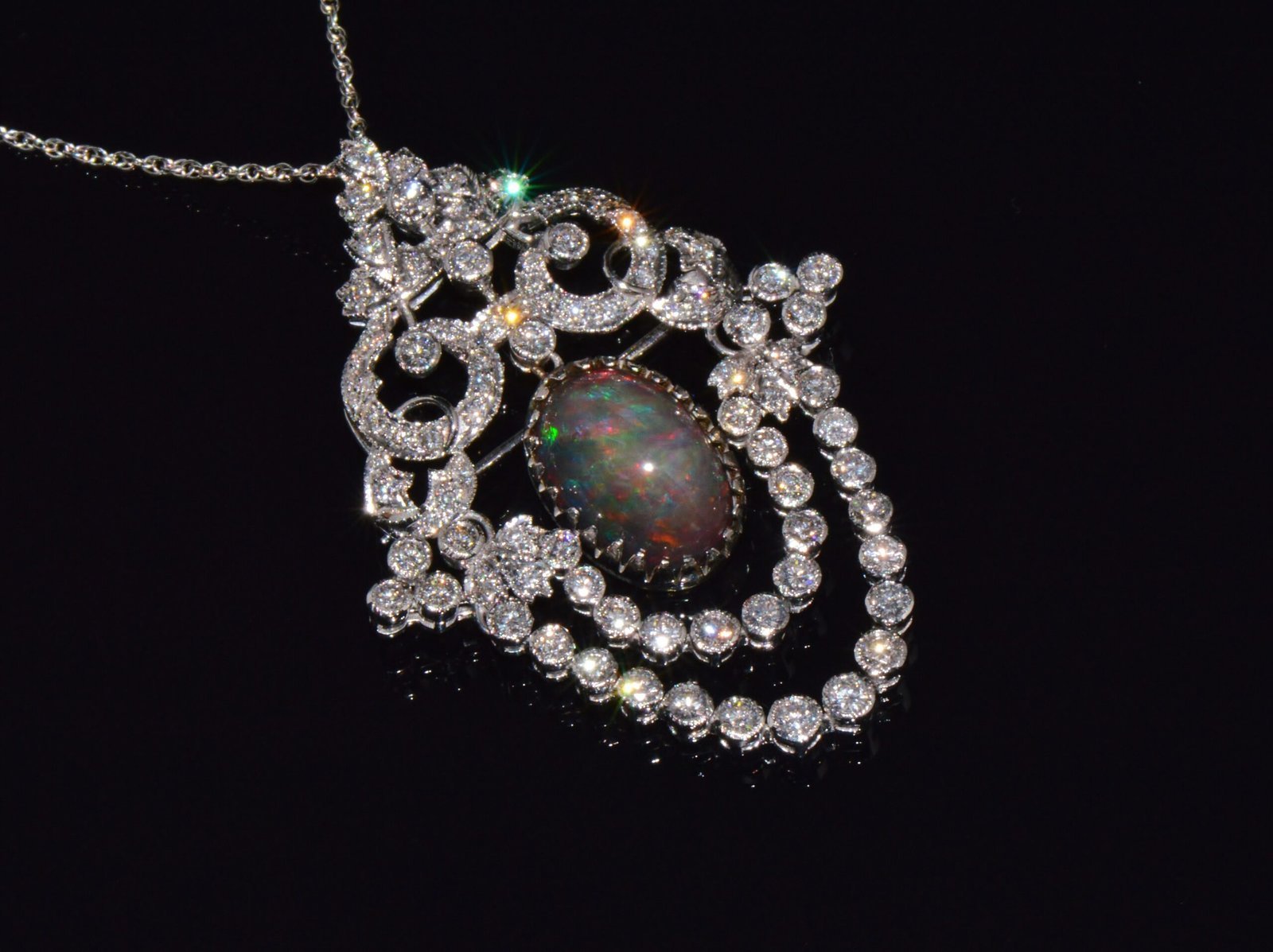 Certified Natural 9.62CTS VS F Diamond Black Opal 18K Solid Gold Pendant Brooch