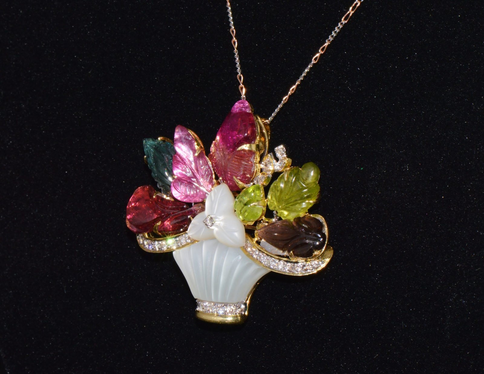 Certified Natural 281.22Cts SI H Diamond Multi Tourmaline Peridot 18K Gold Pendant Brooch Necklace