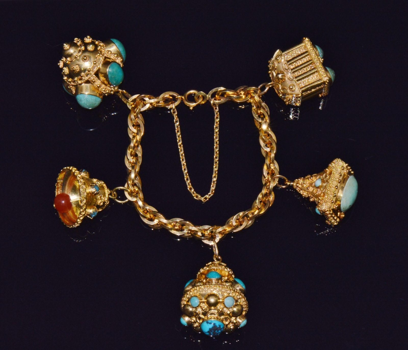 Estate Italian UNOAERRE Etruscan Revival Solid 18K Gold Turquoise Carnelian Charm Fob Bracelet