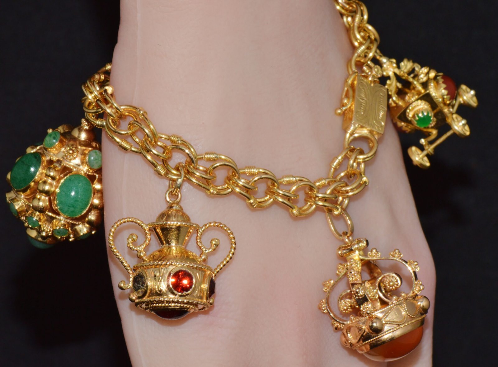 Vintage Portuguese Italian Solid 19.2K & 18K Gold Etruscan Revival Multigem Fob Charm Bracelet