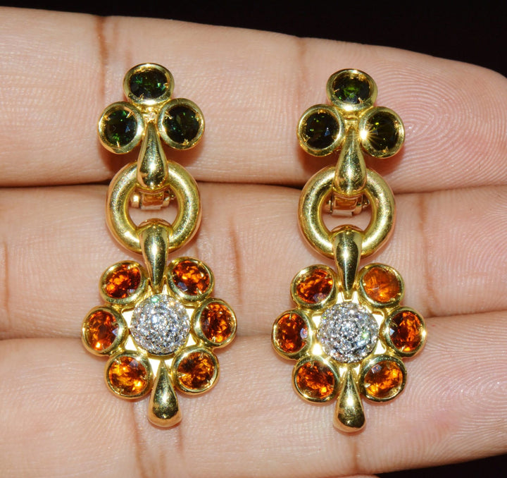 Authentic Vintage Piero Milano 5.40Cts Natural Spessartite Garnet Green Tourmaline Diamond Solid 18K Gold Earrings