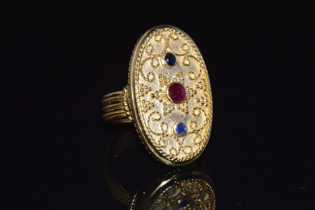 Gorgeous Natural Ruby Sapphire 18K 750 Solid Gold Etruscan Cannetille Greek Ring
