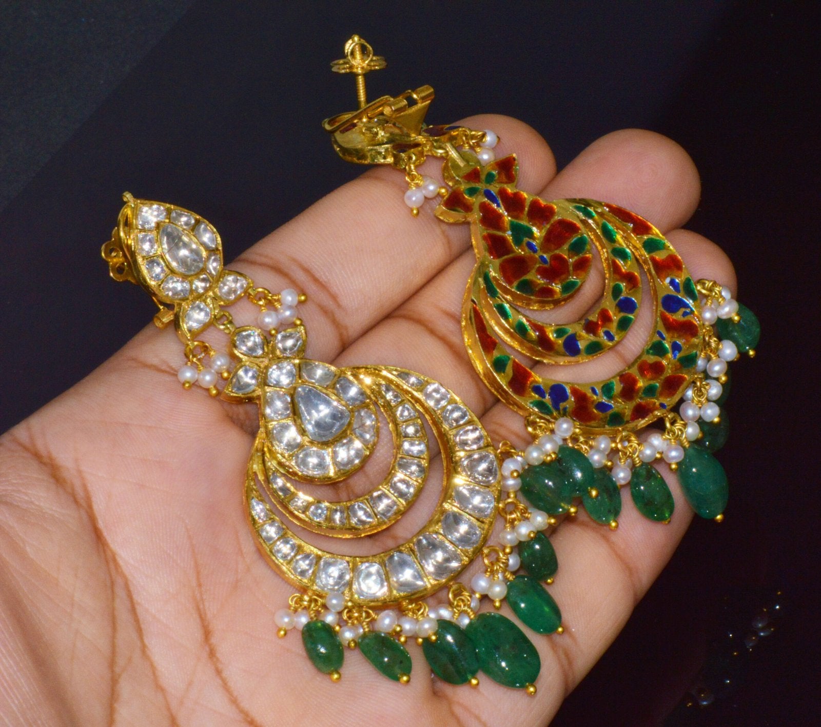 Estate Natural 36.6CTS Polki Diamond Emerald 22K 18K Gold Chandelier Earrings