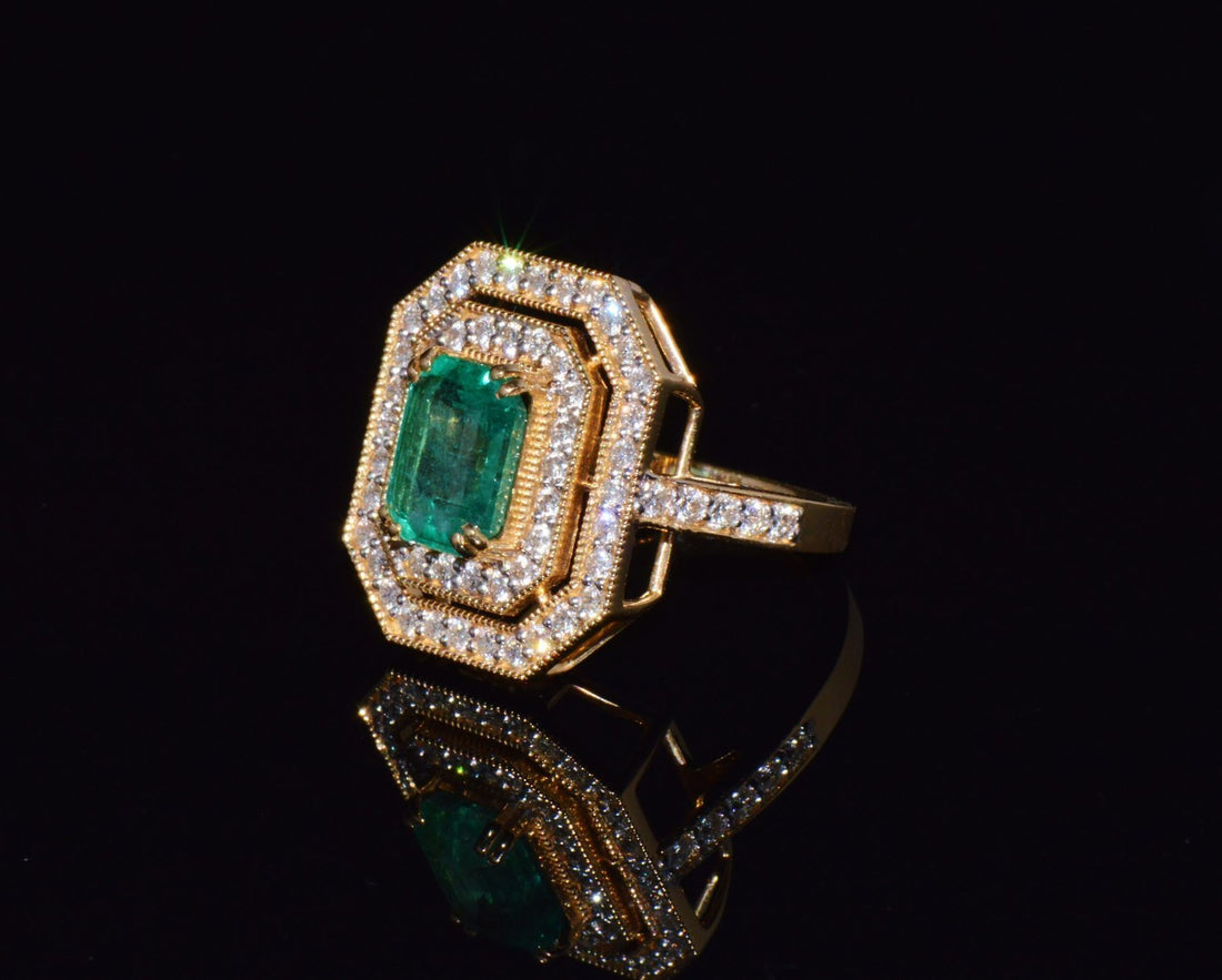 Certified Natural 3.4CTS VS F Diamond Emerald 18K Solid Gold Cocktail Milgrain Ring