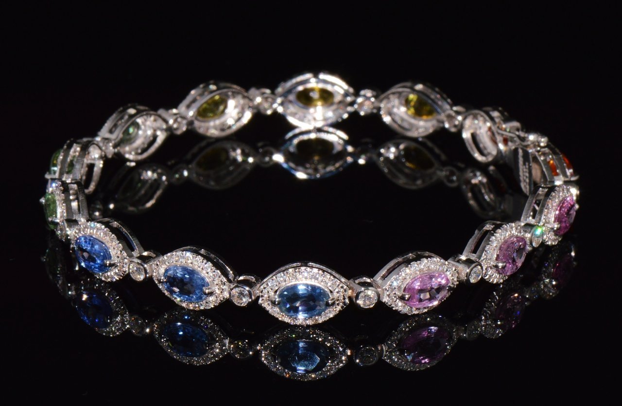 Certified Natural 11.32CTS VS F Diamond Multi-Color Sapphire 18K Solid Gold Tennis Stacking Bracelet