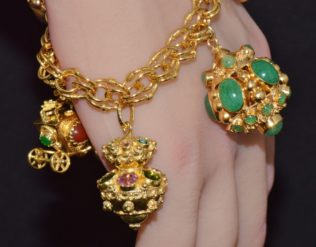 Vintage Portuguese Italian Solid 19.2K & 18K Gold Etruscan Revival Multigem Fob Charm Bracelet