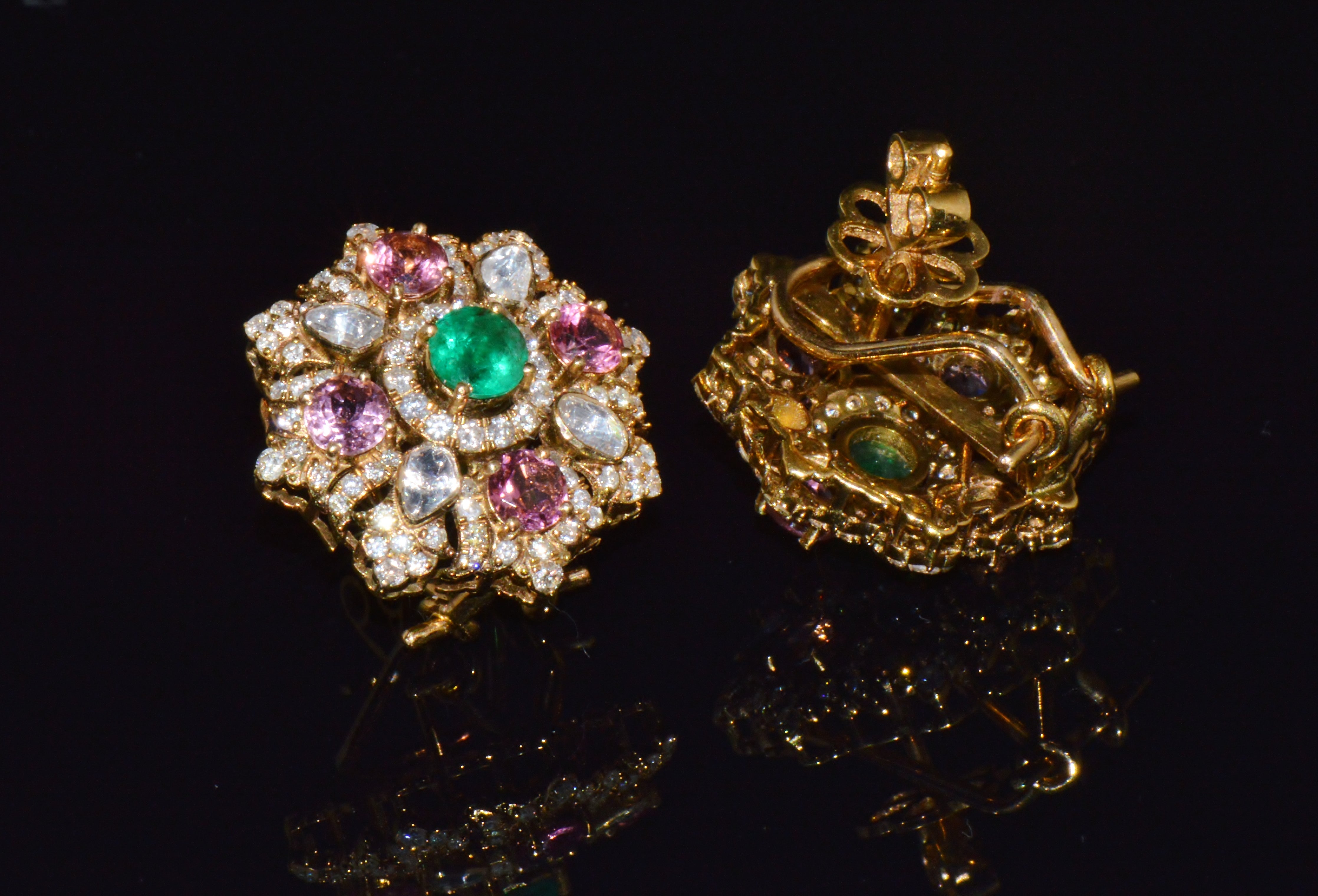 Natural 4.89CTS Diamond, Emerald & Pink Tourmaline 18K Gold Floral Earrings