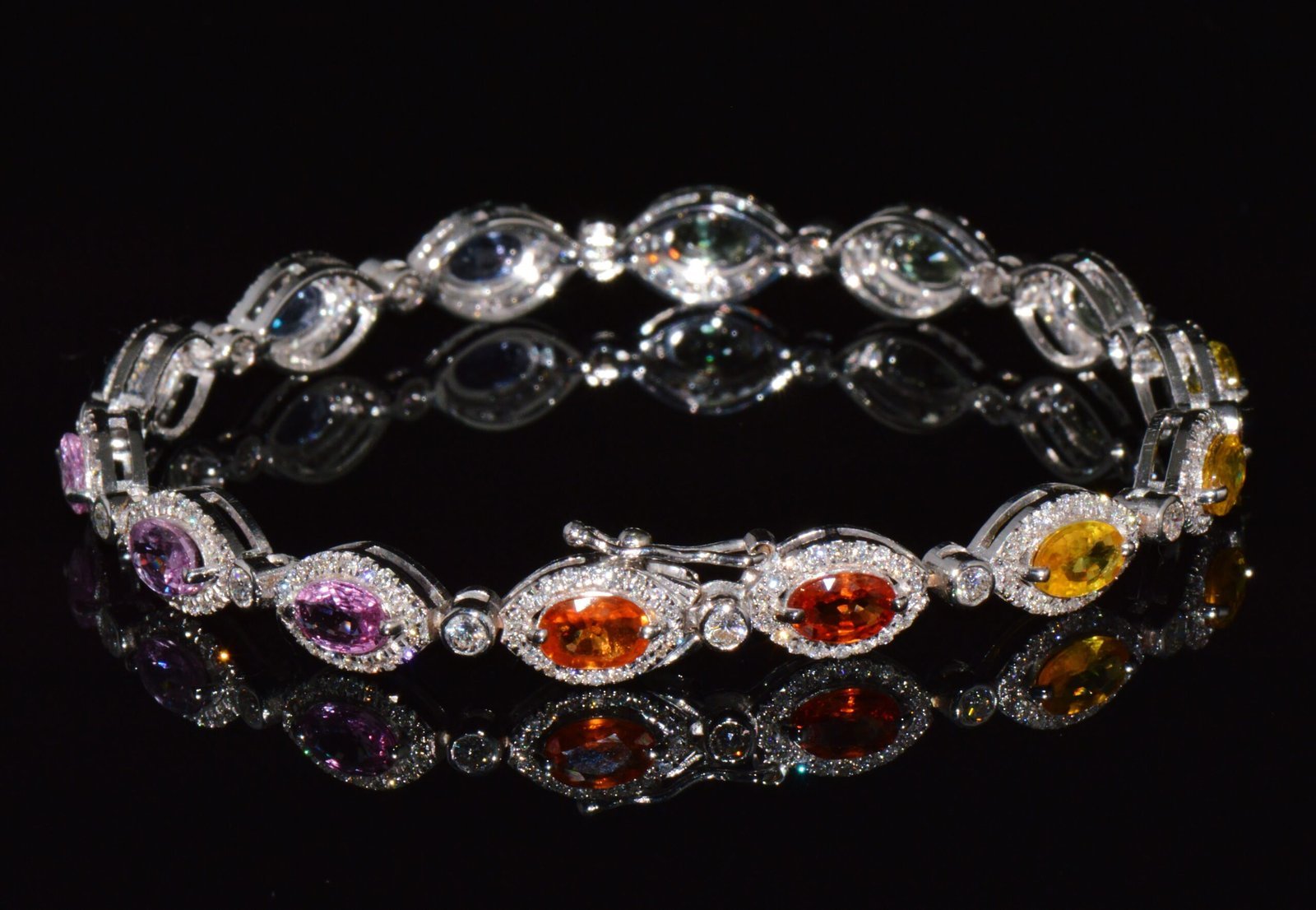 Certified Natural 11.32CTS VS F Diamond Multi-Color Sapphire 18K Solid Gold Tennis Stacking Bracelet