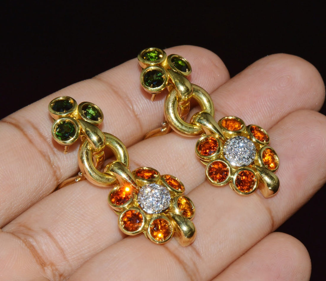 Authentic Vintage Piero Milano 5.40Cts Natural Spessartite Garnet Green Tourmaline Diamond Solid 18K Gold Earrings