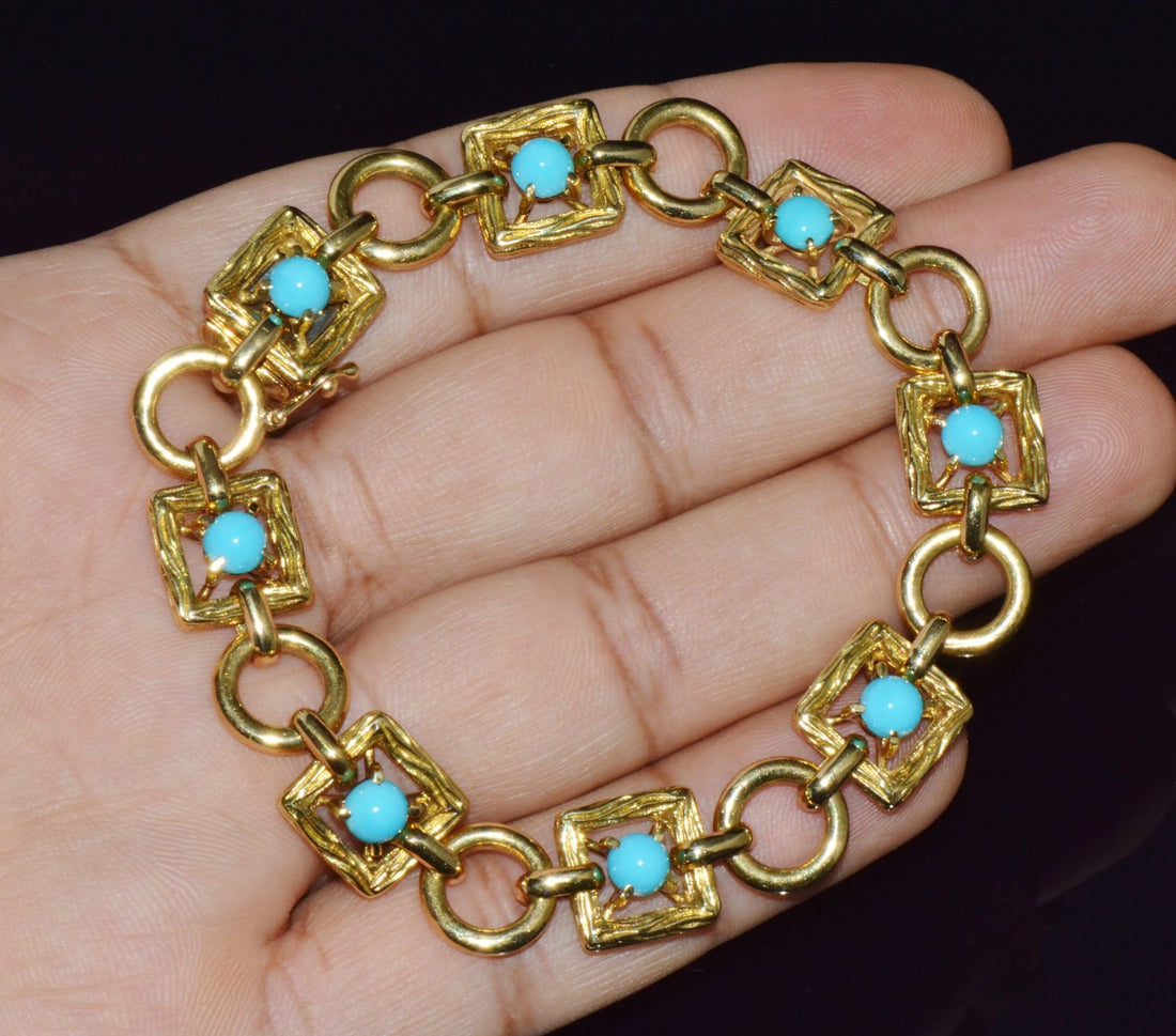 Vintage Mid-Century Solid 18K Gold & Natural Persian Turquoise Bracelet