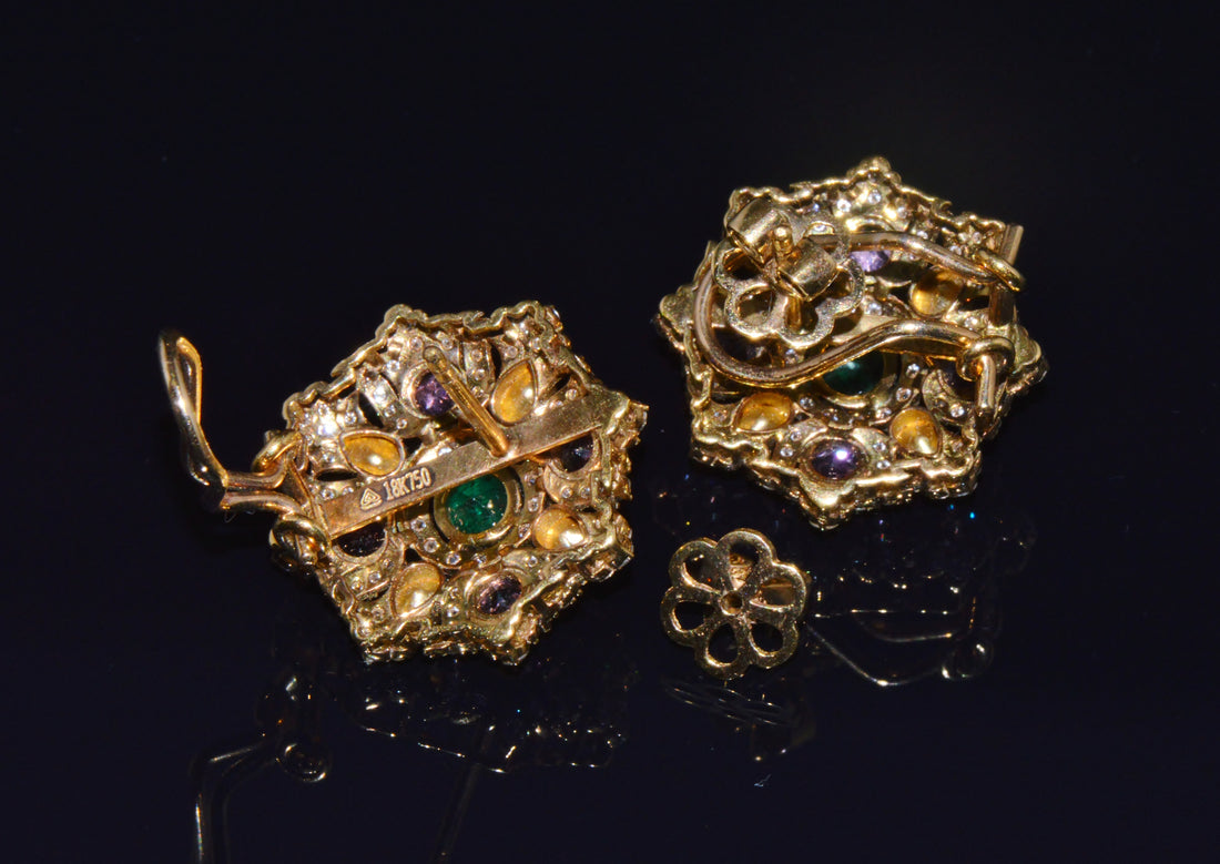 Natural 4.89CTS Diamond, Emerald & Pink Tourmaline 18K Gold Floral Earrings
