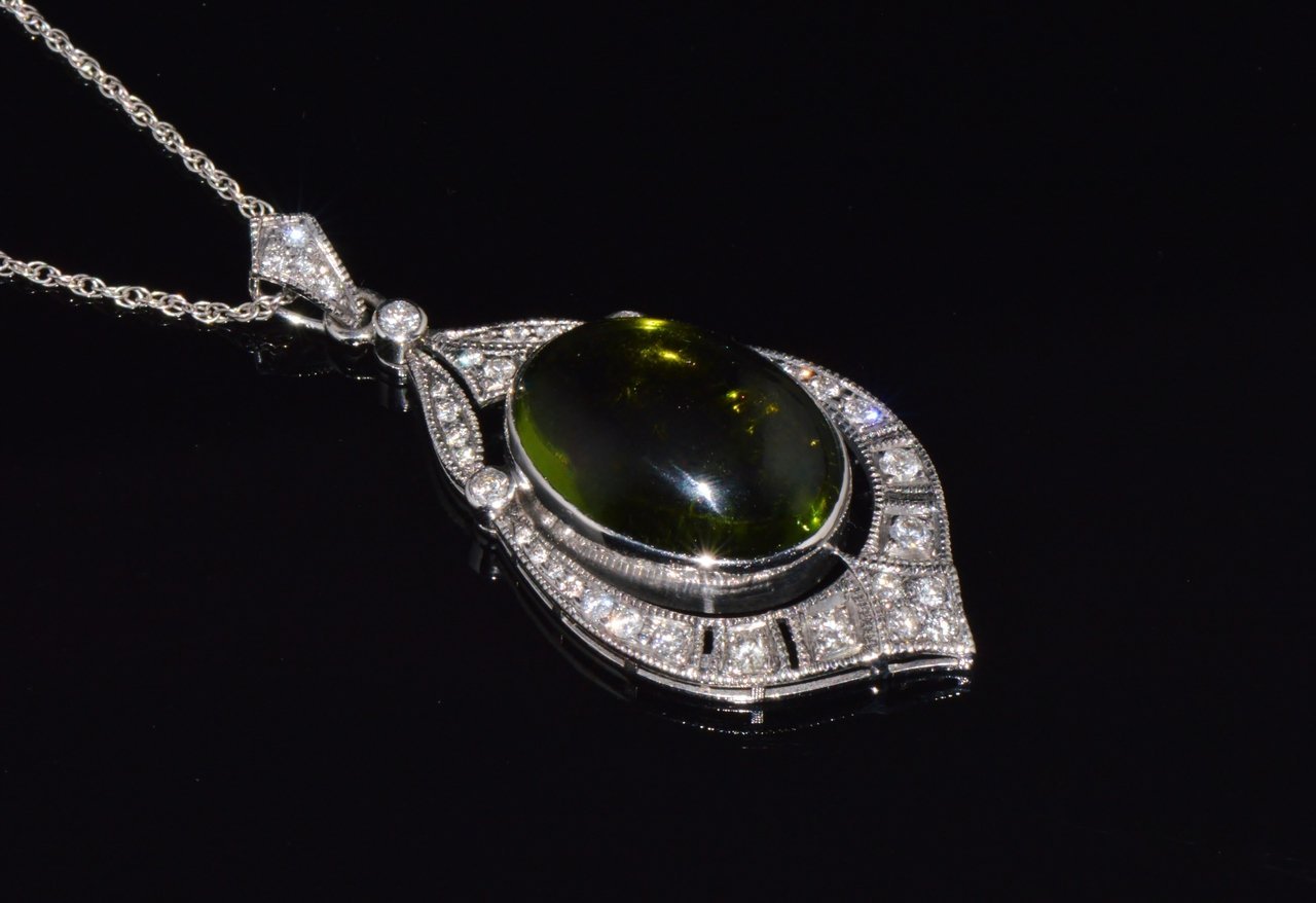 Certified Natural 28.17Cts Diamond Green Tourmaline 18K Gold Art Deco Slide Pendant Necklace