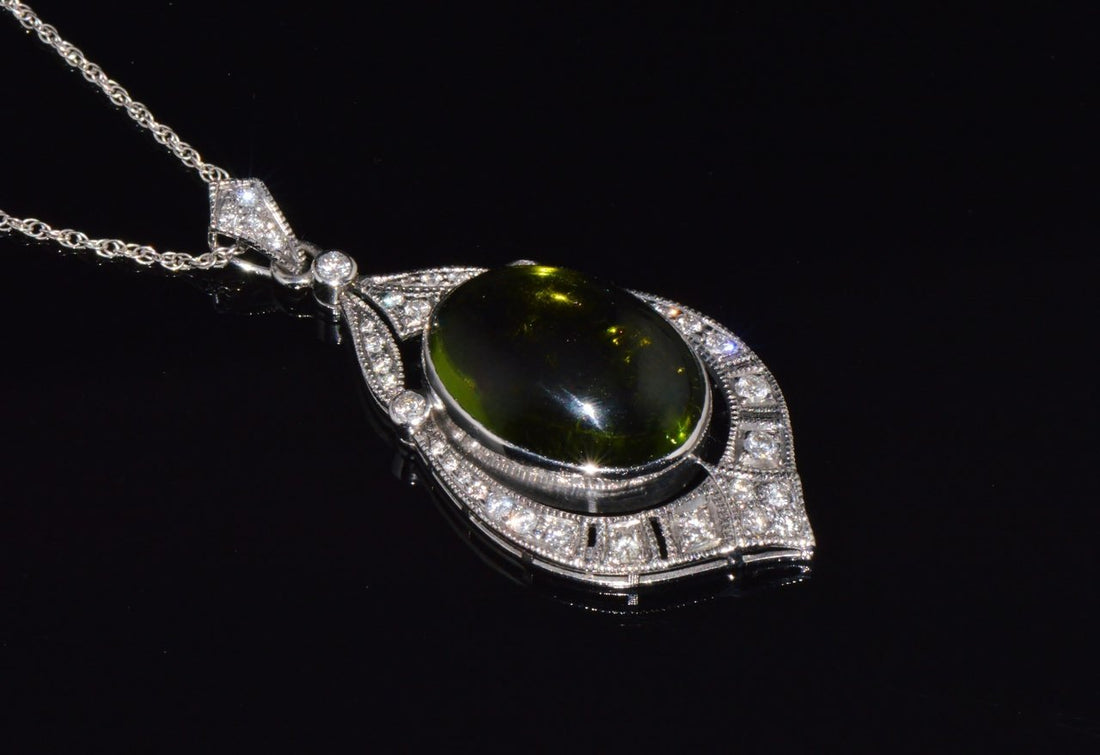 Certified Natural 28.17Cts Diamond Green Tourmaline 18K Gold Art Deco Slide Pendant Necklace
