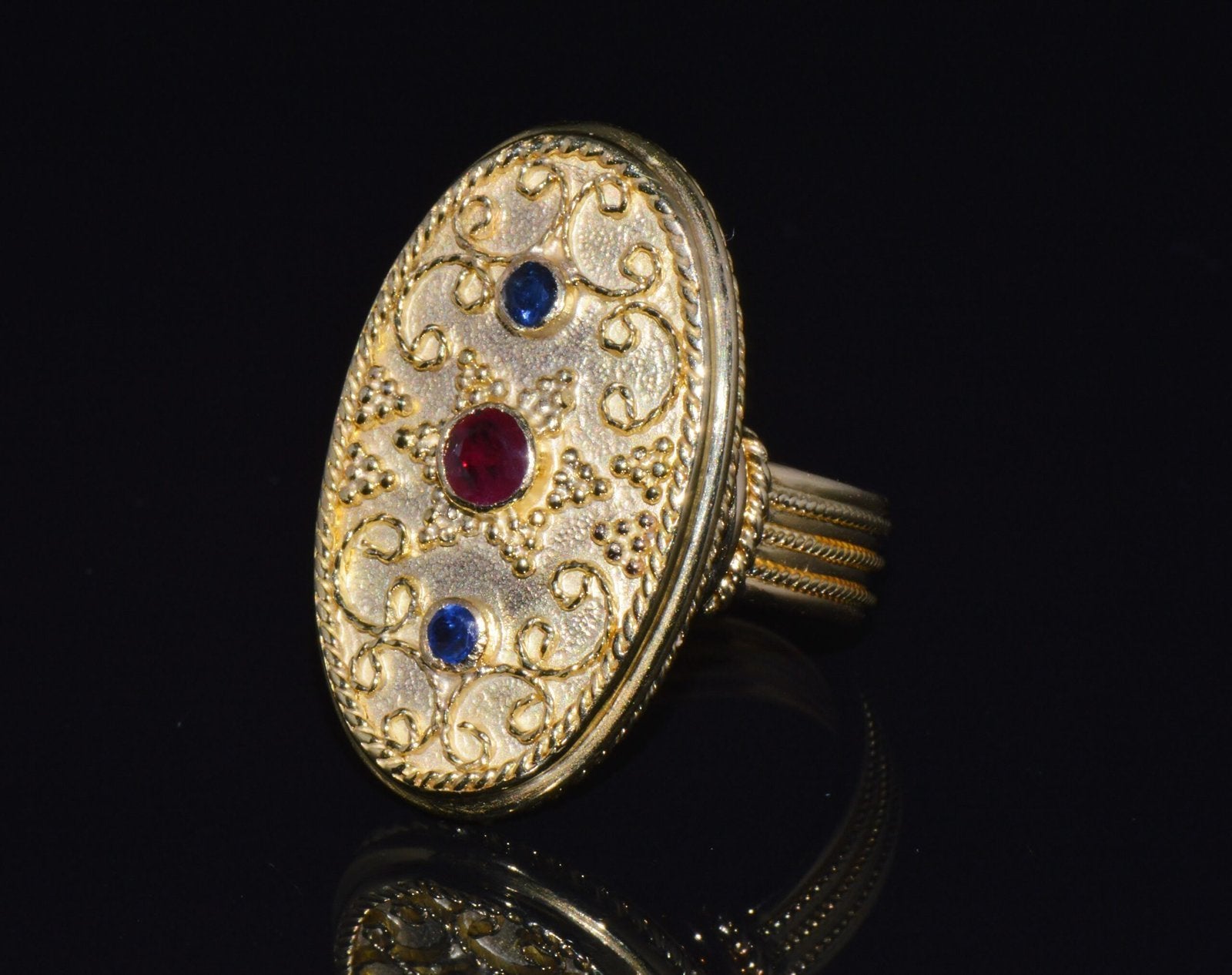 Gorgeous Natural Ruby Sapphire 18K 750 Solid Gold Etruscan Cannetille Greek Ring