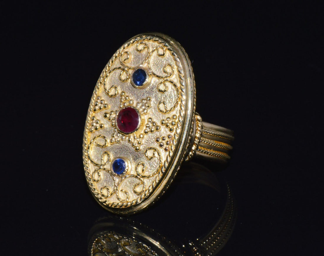 Gorgeous Natural Ruby Sapphire 18K 750 Solid Gold Etruscan Cannetille Greek Ring