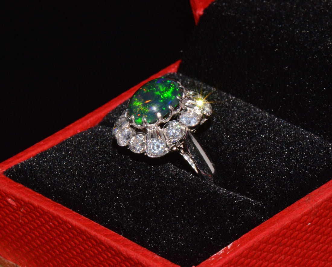 Certified Natural 2.69Cts VS F Diamond Black Opal 18K Solid Gold Tiered Dome Ring