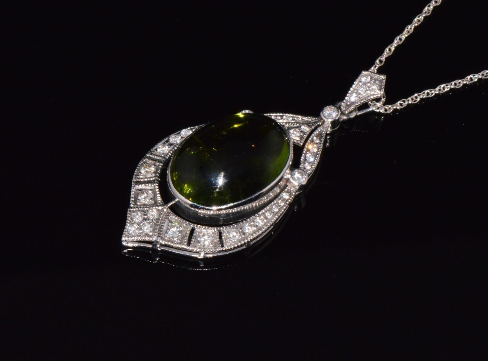 Certified Natural 28.17Cts Diamond Green Tourmaline 18K Gold Art Deco Slide Pendant Necklace