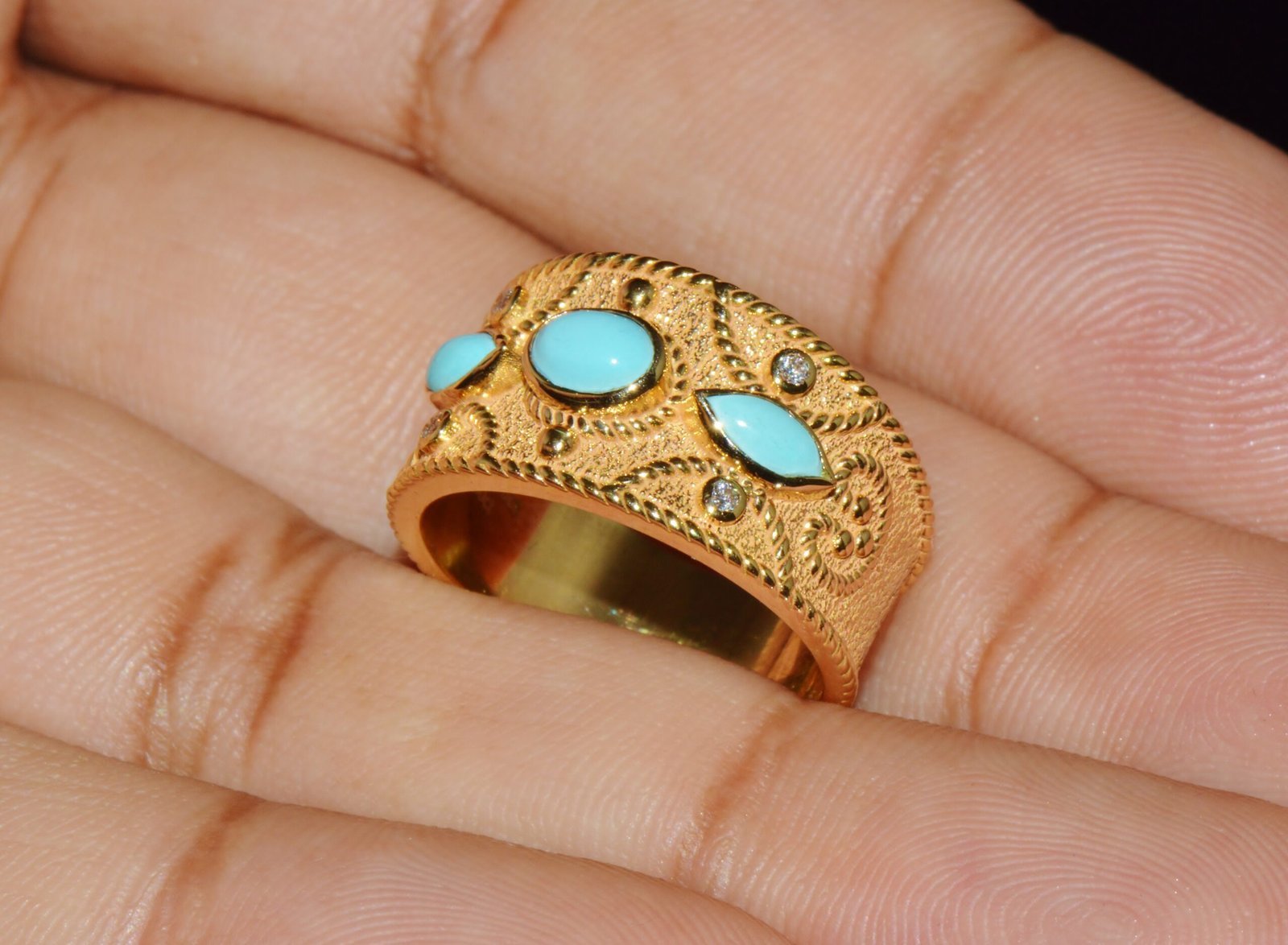 Gorgeous Natural Diamond Persian Turquoise 18K Solid Gold Byzantine Beaded Greek Ring Stacking Band