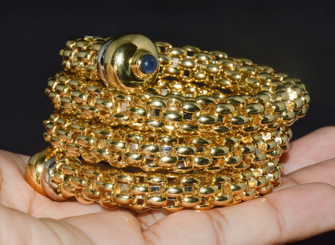 Italian FOPE Flex’it Blue Sapphire Woven Triple Wrap Bangle Bracelet in 18K Yellow & White Gold
