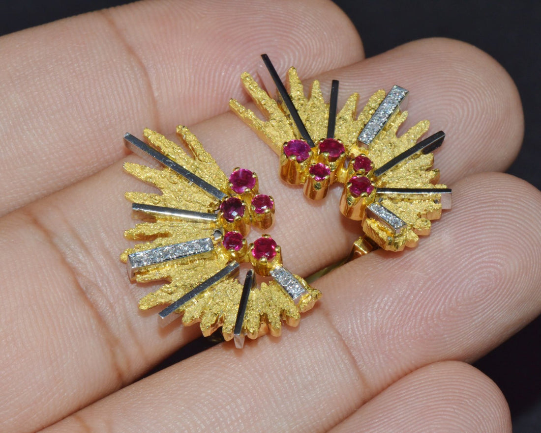 Certified Natural 0.65Cts VS G Diamond Ruby 750 18K Solid Gold Retro Clip-On Earrings