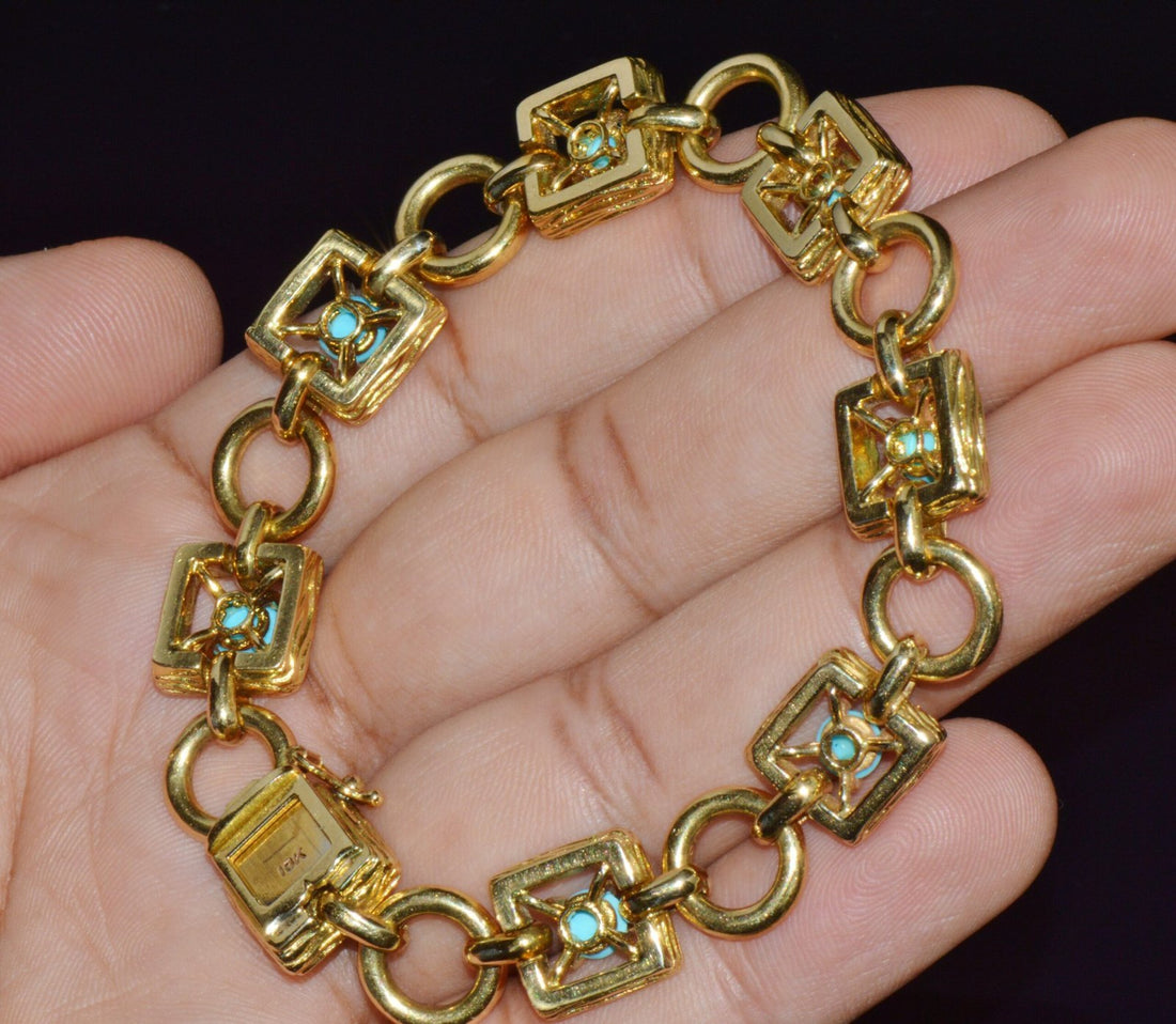 Vintage Mid-Century Solid 18K Gold & Natural Persian Turquoise Bracelet