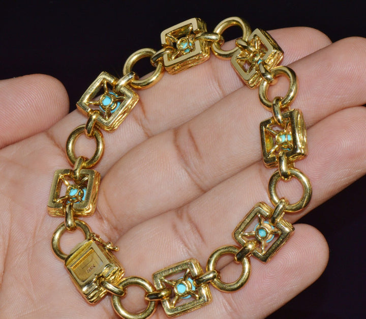 Vintage Mid-Century Solid 18K Gold & Natural Persian Turquoise Bracelet