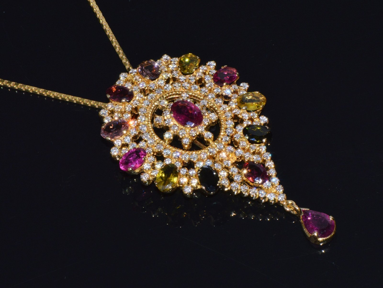 Certified Natural 10.46Cts VS G Diamond Multi Tourmaline 18K Gold Pendant Brooch