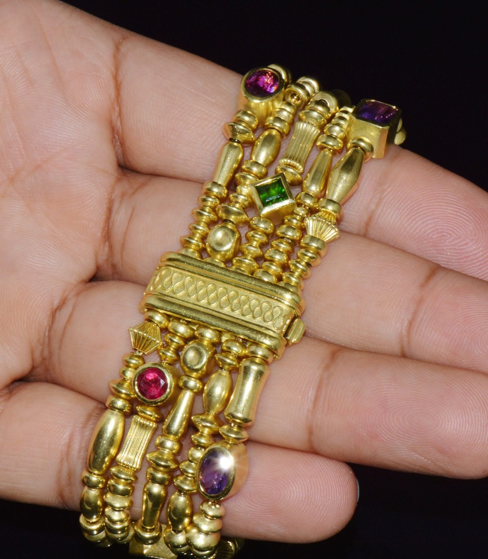 Designer Seidengang Natural Tourmaline Amethst Garnet 18K Solid Gold Multi-Strand Beaded Bracelet