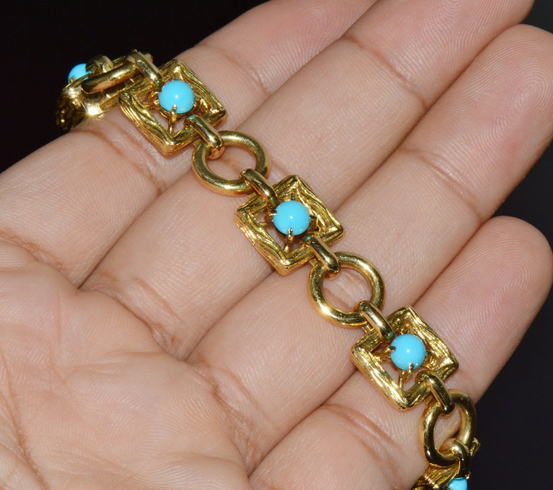 Vintage Mid-Century Solid 18K Gold & Natural Persian Turquoise Bracelet