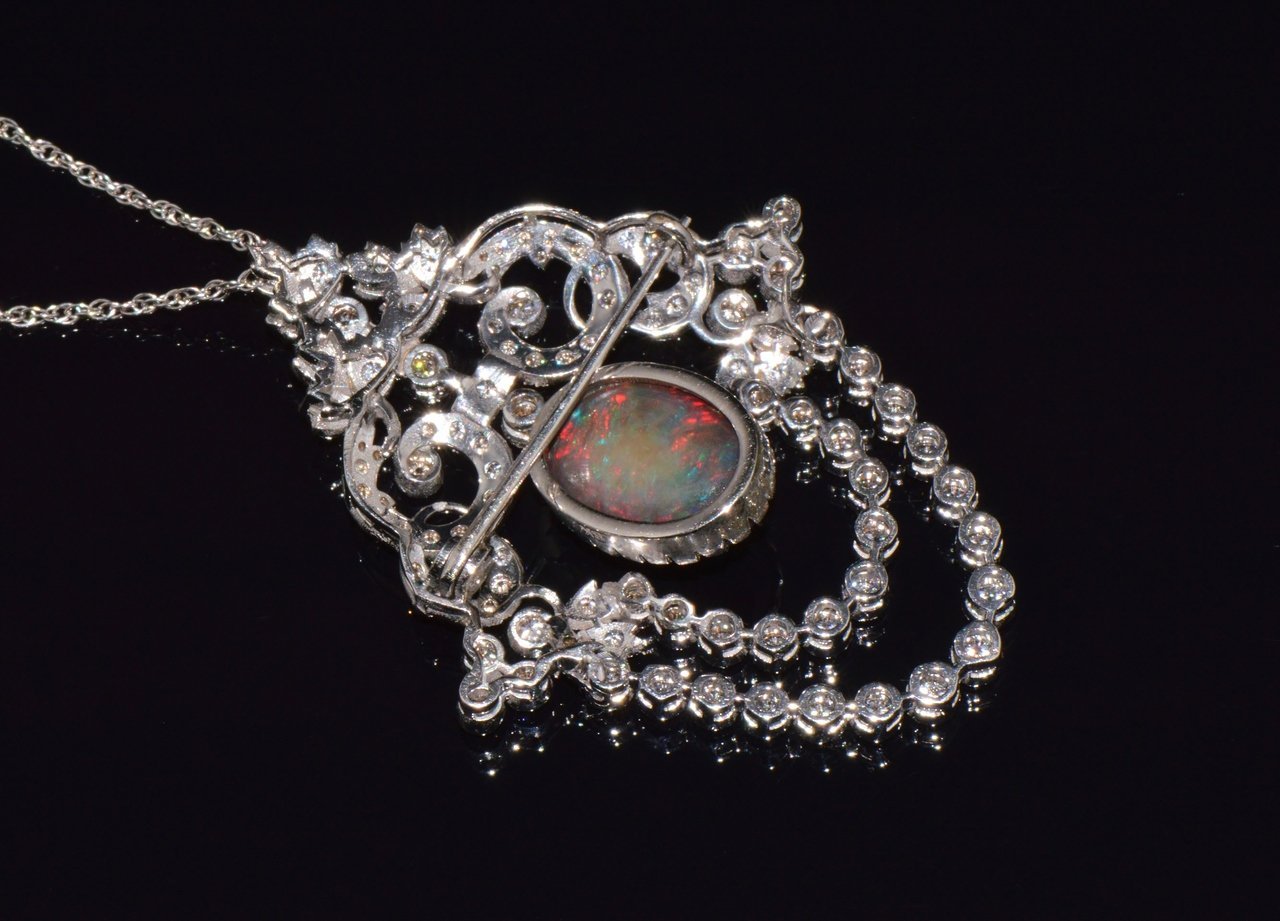 Certified Natural 9.62CTS VS F Diamond Black Opal 18K Solid Gold Pendant Brooch
