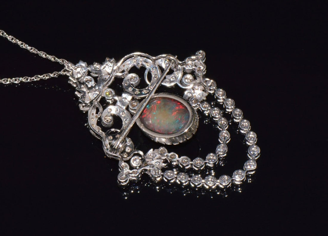Certified Natural 9.62CTS VS F Diamond Black Opal 18K Solid Gold Pendant Brooch