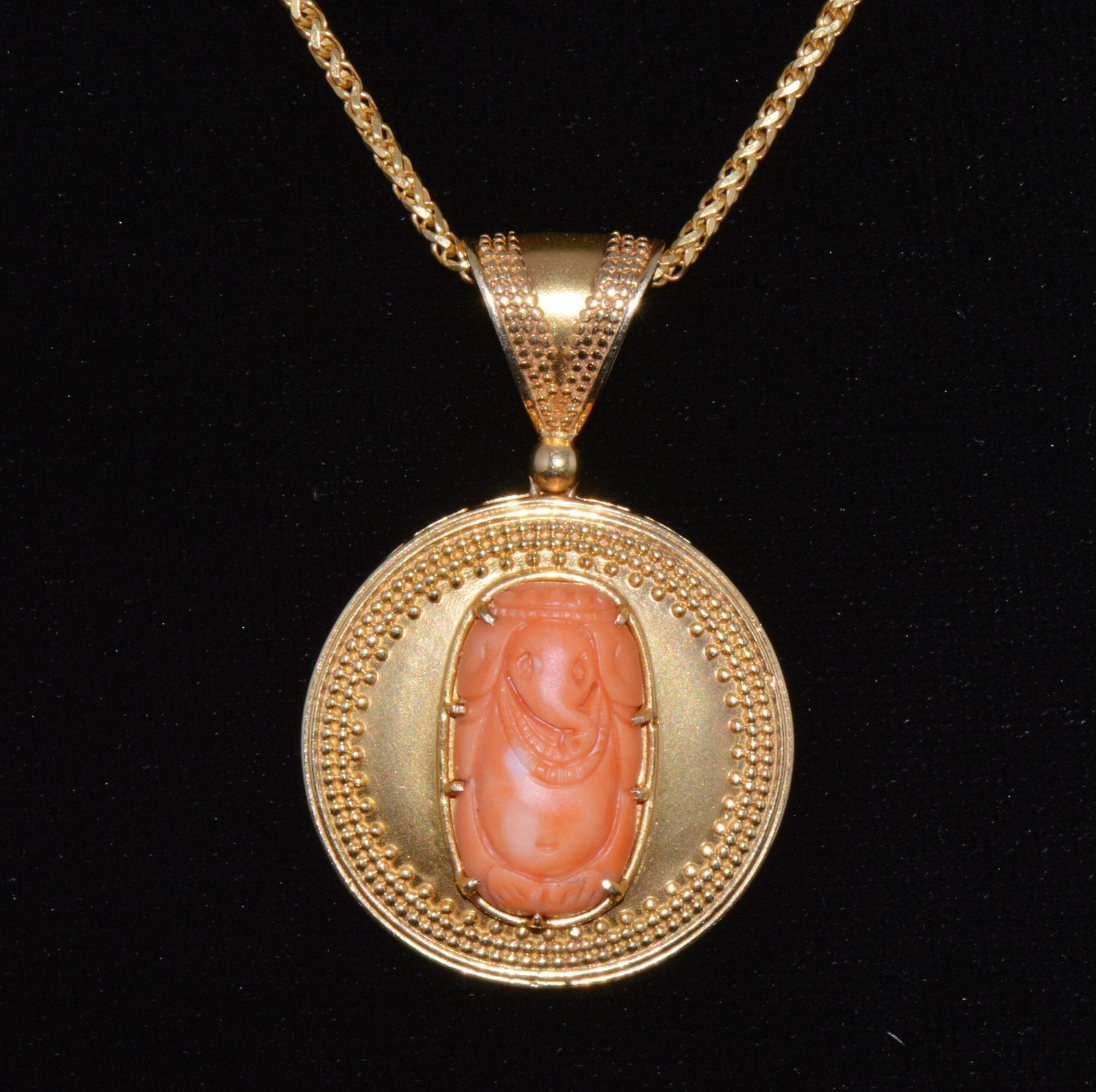 Certified Natural Carved Ganesh Coral 18K Solid Gold Pendant