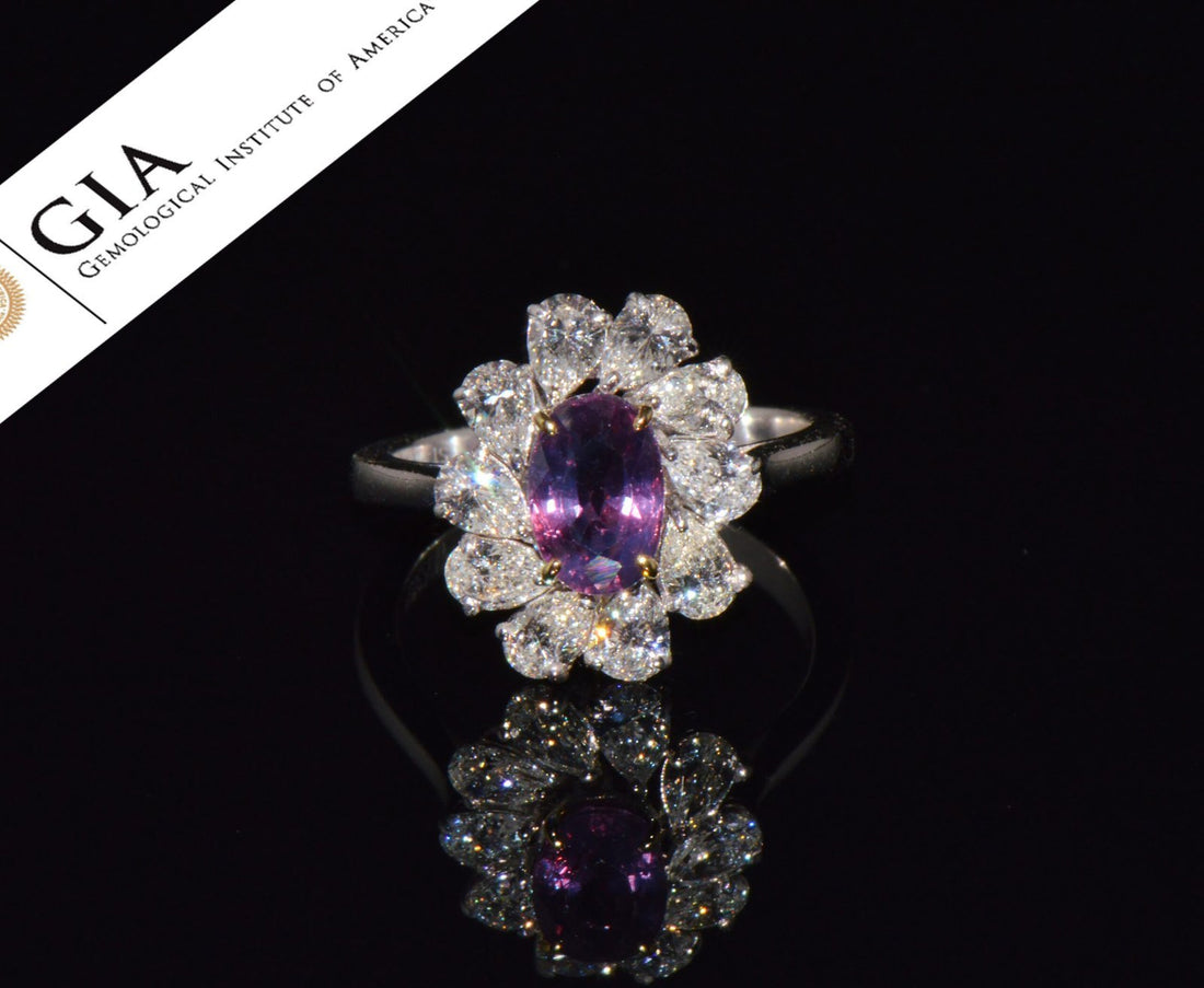 GIA Certified 3.15CT No-Heat Purple Pink Sapphire & Diamond 18K Gold Halo Ring