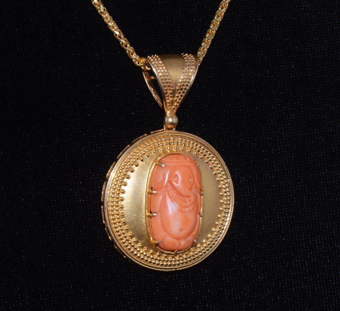 Certified Natural Carved Ganesh Coral 18K Solid Gold Pendant
