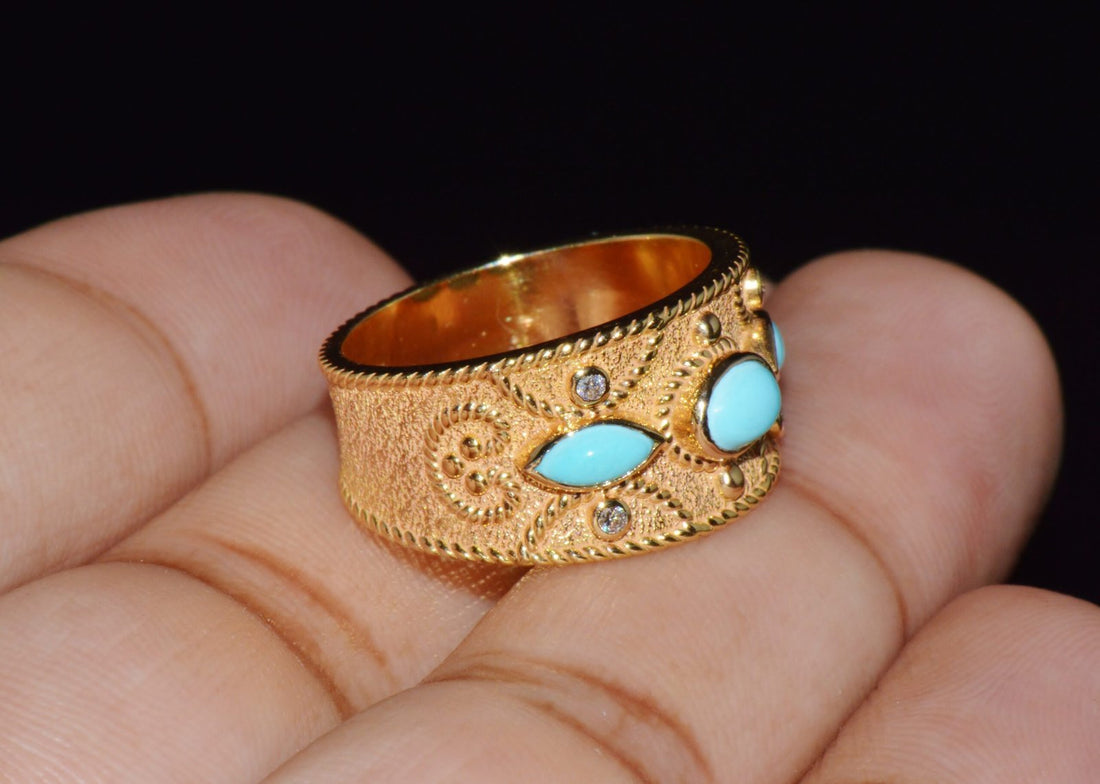 Gorgeous Natural Diamond Persian Turquoise 18K Solid Gold Byzantine Beaded Greek Ring Stacking Band