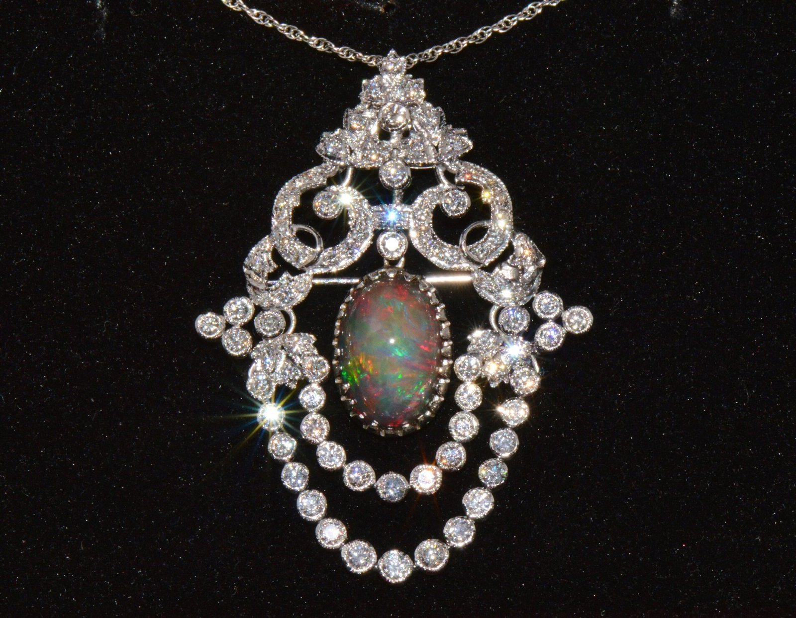 Certified Natural 9.62CTS VS F Diamond Black Opal 18K Solid Gold Pendant Brooch