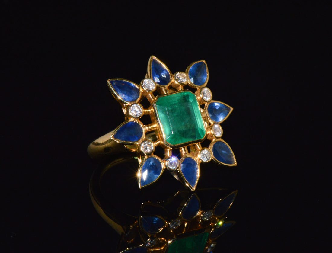 GIA Certified 8.20Cts Emerald Sapphire & Diamond 18K Gold Cocktail Ring