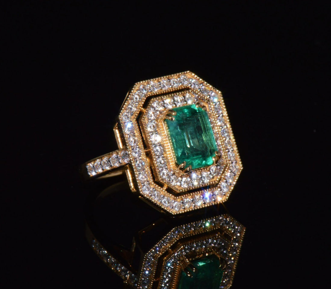 Certified Natural 3.4CTS VS F Diamond Emerald 18K Solid Gold Cocktail Milgrain Ring