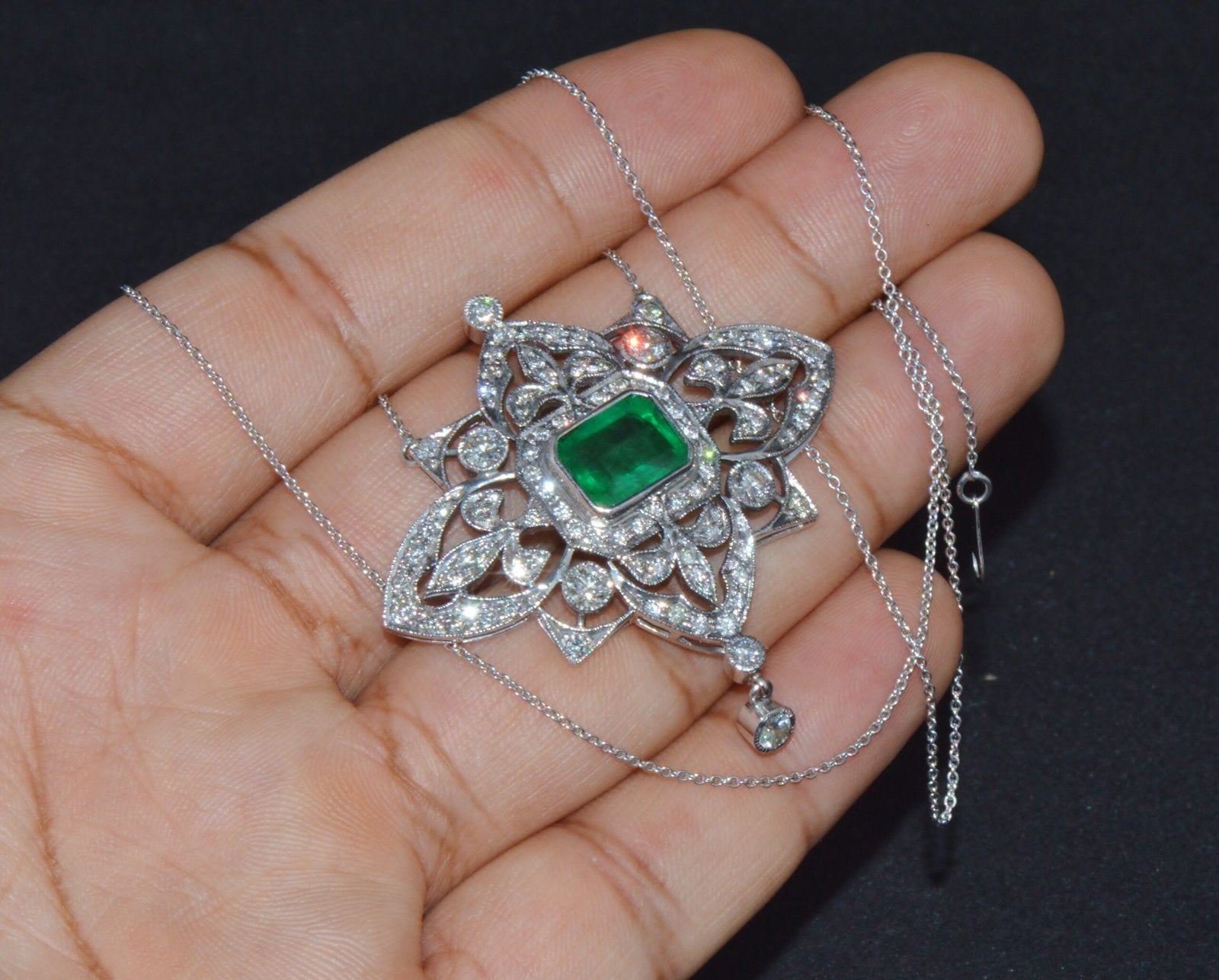Vintage Art Deco GIA Natural 6.91Cts VS F Diamond Emerald 18K Solid Gold 950 Platinum Pendant Necklace