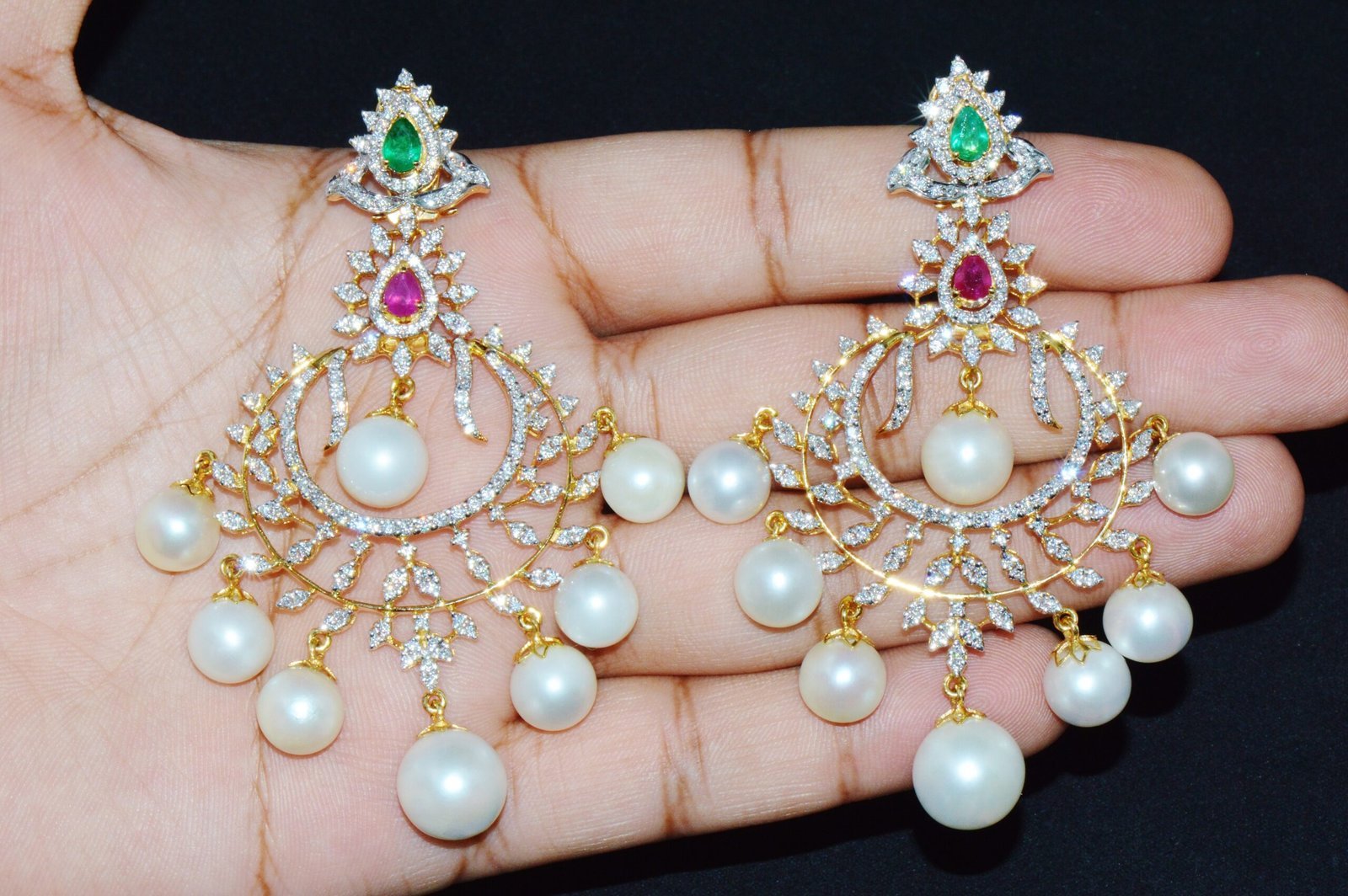 Certified Natural 116CT VS F Diamond Emerald Ruby Pearl 18K Gold 2-IN-1 Earrings