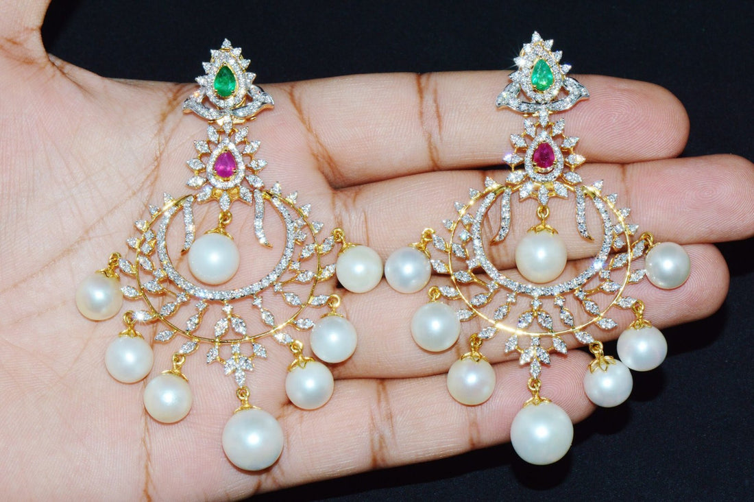 Certified Natural 116CT VS F Diamond Emerald Ruby Pearl 18K Gold 2-IN-1 Earrings