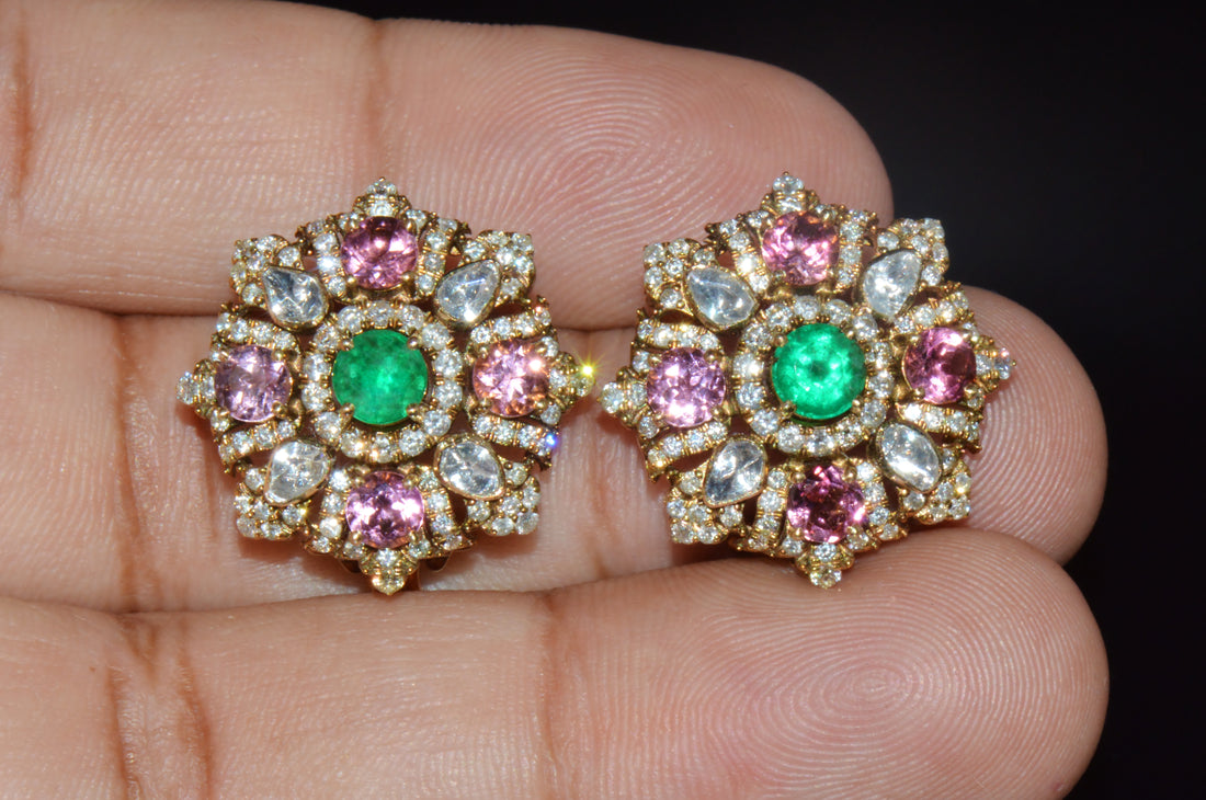 Natural 4.89CTS Diamond, Emerald & Pink Tourmaline 18K Gold Floral Earrings
