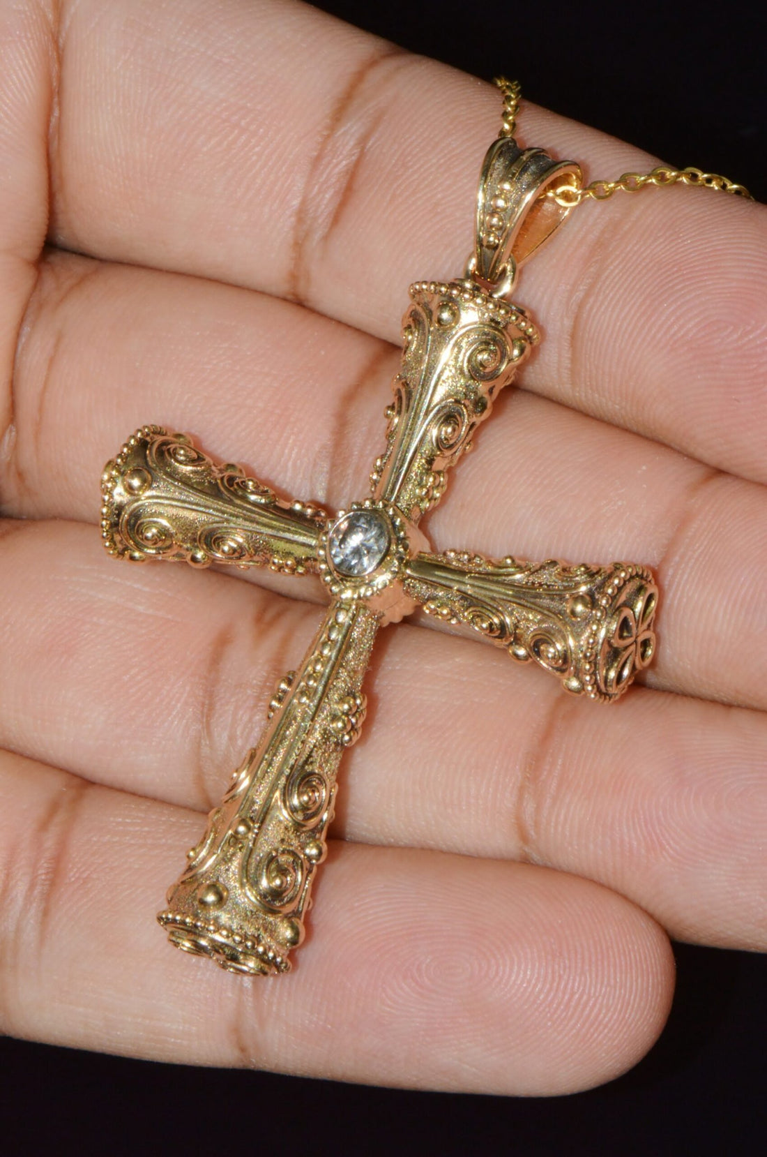 Certified Natural 0.88Cts Diamond Sapphire 18K 750 Solid Gold Filigree Cross Byzantine Greek Reversible Pendant